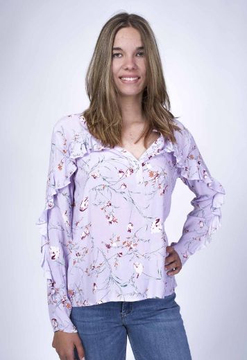 Picture of Viscose tunic blouse with ruffles and floral print, purple