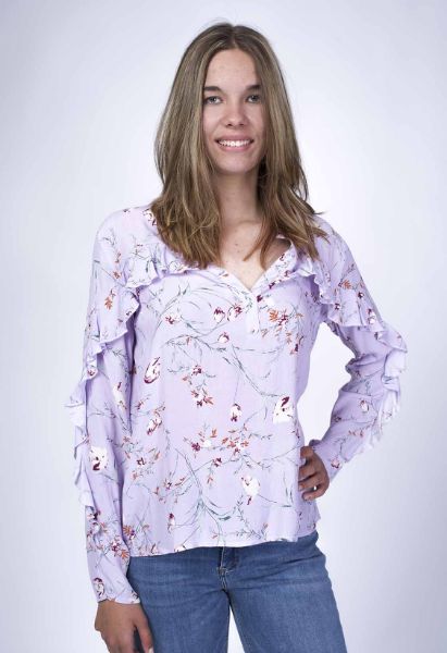 Agrandir l'image de Blouse tunique en viscose à volants et imprimé floral, violet Image de Blouse tunique en viscose à volants et imprimé floral, violet