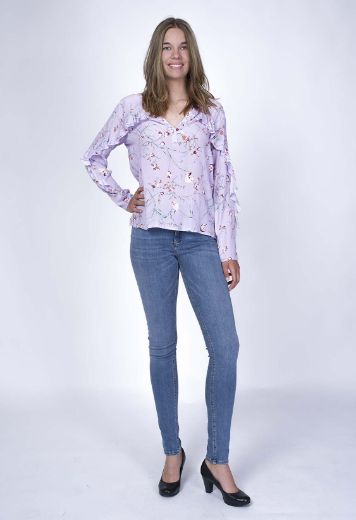 Picture of Viscose tunic blouse with ruffles and floral print, purple