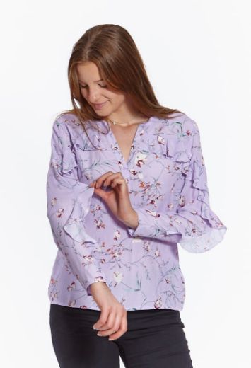 Picture of Viscose tunic blouse with ruffles and floral print, purple