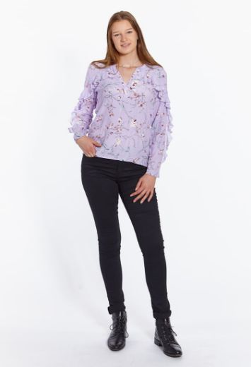 Picture of Viscose tunic blouse with ruffles and floral print, purple