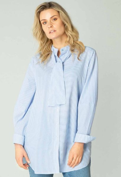 Show details for Long Blouse with Stand-Up Collar, soft blue white stripes Picture of Long Blouse with Stand-Up Collar, soft blue white stripes