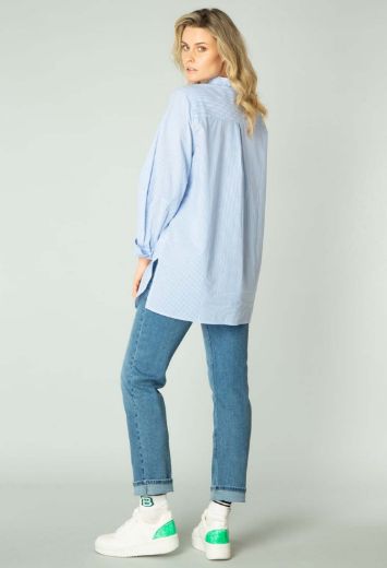 Picture of Long Blouse with Stand-Up Collar, soft blue white stripes