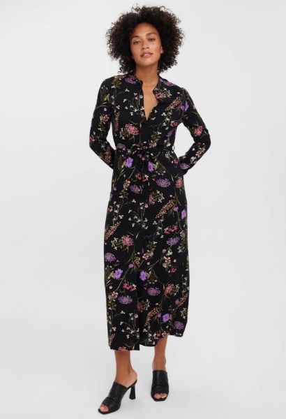 Agrandir l'image de Vero Moda Tall Easy Robe Chemise Mi-Longue, noir mille fleur Image de Vero Moda Tall Easy Robe Chemise Mi-Longue, noir mille fleur