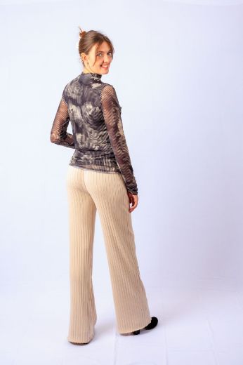 Picture of Tall Women Mesh Long Sleeve Shirt Ruffled Collar, black beige natural