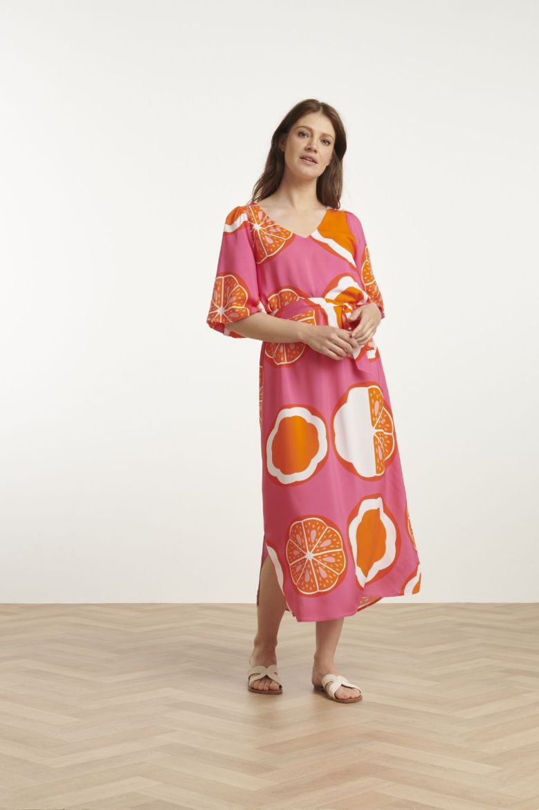 Picture of Flowing Dress Tie Belt Half Sleeves, orange multicolour