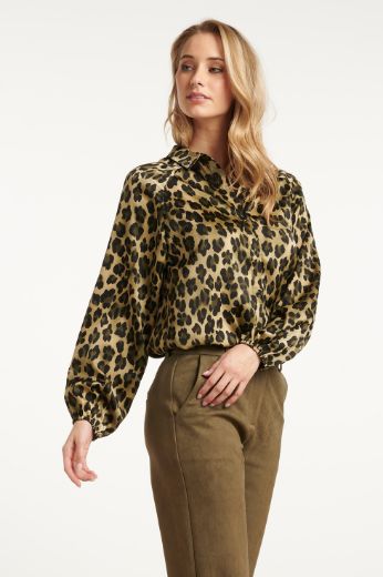 Bild von Tall Damen Satinbluse Leopardenmuster Puffärmeln